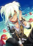  bird bracelet c.seryl chain chains choker eyepatch inazuma_eleven inazuma_eleven_(series) jewelry long_hair male ocean open_mouth penguin sakuma_jirou short_twintails sitting trap twintails white_hair yellow_eyes 