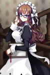  bangs blue_eyes bow breasts brown_hair chief_maid clipboard glasses long_hair lowres maid maid_headdress ribbon solo stairs sword_girls 
