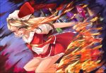  bare_legs blonde_hair breathing_fire dacho fang fire flame flaming_sword flandre_scarlet grin hat hat_ribbon long_hair midriff necktie open_clothes red_eyes ribbon skirt skirt_set smile solo sword the_embodiment_of_scarlet_devil touhou weapon wings 