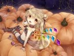  animal_ears arm_support blonde_hair blush cake candy collar fang flandre_scarlet food food_on_face from_above fruit hair_ribbon halloween highres lollipop looking_up open_mouth piercing pumpkin red_eyes ribbon short_hair shorts side_ponytail sitting solo spiked_collar spikes star strawberry striped striped_legwear sweets swirl_lollipop tail tepes the_embodiment_of_scarlet_devil thigh-highs thighhighs touhou wings wrist_cuffs 