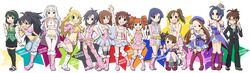  :d ahoge akizuki_ritsuko amami_haruka belt black_hair blonde_hair book boots bowtie bracelet cool_&amp;_sexy_(idolmaster) dress everyone formal futami_ami futami_mami ganaha_hibiki glasses green_hair hagiwara_yukiho hair_ribbon hand_on_hip hat highres hoshii_miki idolmaster jewelry kikuchi_makoto kisaragi_chihaya long_image minase_iori miura_azusa mowahu multiple_girls navel necklace open_mouth otonashi_kotori pant_suit ponytail purple_hair red_hair ribbon ryuuguu_komachi sandals shijou_takane short_twintails shorts silver_hair smile squatting star suit takatsuki_yayoi thighhighs twintails v wide_image wrist_cuffs 