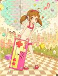  ahoge awakumo brown_eyes brown_hair checkered controller cube dress famicom flower headphones musical_note original short_hair standing star twintails 