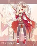  ahoge belt black_legwear blush breasts center_opening cleavage dual_wielding highres horns lace legwear_under_shorts long_hair navel pantyhose pixiv_fantasia pixiv_fantasia_wizard_and_knight pointy_ears red_eyes saru shorts smile solo twintails white_hair zoom_layer 