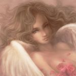  angel_wings blue_eyes breasts brown_hair collarbone face flower furuhashi lips long_hair original petals portrait rose solo sparkle wings 