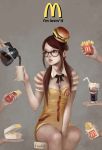  apple_pie blue_eyes bobo1983 breasts brown_hair cleavage coca-cola coffee cup food food_as_clothes food_on_head french_fries glasses hamburger hash_browns highres lips mcdonald&#039;s mole product_placement sitting soda solo straw 
