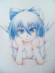  barefoot blue_eyes blue_hair bow chin_rest cirno collarbone hair_bow hayashi_kasutamu highres lying on_stomach shirt short_hair smile solo touhou traditional_media wings 