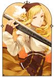  art_nouveau beret blonde_hair breasts corset detached_sleeves drill_hair fingerless_gloves gloves gun hair_ornament hat large_breasts magical_girl magical_musket mahou_shoujo_madoka_magica pleated_skirt rifle shimoe skirt smile solo taut_shirt tomoe_mami weapon yellow_eyes 