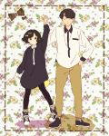  brown_eyes closed_eyes couple eyes_closed flower footwear hand_holding highres holding_hands mosuko original pantyhose shoes short_hair socks 