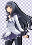  akemi_homura argyle argyle_legwear bad_id black_hair black_legwear blush checkered checkered_background chiro hairband hand_on_own_chest hand_to_chest long_hair looking_at_viewer magical_girl mahou_shoujo_madoka_magica pantyhose purple_eyes solo violet_eyes 