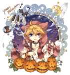  2011 96mame bat blonde_hair cat dated ghost halloween happy_halloween hat hat_with_ears heterochromia kagamine_len moon musical_note open_mouth polearm pumpkin solo spear top_hat trick_or_treat trident vocaloid weapon 