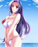  ahoge bare_shoulders bikini blue_hair blush breasts cleavage cloud flower hibiscus highres idolmaster long_hair looking_at_viewer miura_azusa ocean red_eyes sky solo suishin_(pixiv542345) swimsuit v_arms white_bikini 