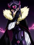  aona bad_id belt black_gloves bodysuit brooch cape cure_muse cure_muse_(black) fur_trim gloves heart jewelry magical_girl mask precure purple_background purple_eyes shirabe_ako solo suite_precure violet_eyes 
