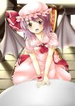  ascot bad_id bat_wings brooch chair dress frills hands hat hat_ribbon jewelry open_mouth pink_eyes puffy_sleeves purple_hair remilia_scarlet ribbon short_hair sitting solo touhou wings wrist_cuffs yana_mori 