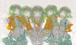  breasts clone goggles goggles_on_head green_hair gumi headphones highres jacket megpoid_(vocaloid3) midriff multiple_girls multiple_persona navel open_mouth pineapple_(a30930s) short_hair skirt smile suspenders vocaloid 