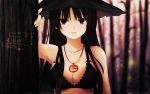  bra breasts brown_hair cleavage coffee-kizoku copyright_request halloween hat highres jewelry long_hair necklace original pumpkin red_eyes solo tree underwear witch_hat 