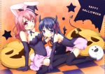  animal_ears blue_hair breasts bunny_ears bunnygirl checkered checkered_background cleavage demon_tail halloween happy_halloween hat highres horns jack-o'-lantern mani multiple_girls orange_background original pink_eyes pink_hair pumpkin purple_eyes sakura_(mani) tail thigh-highs thighhighs usashiro_mani violet_eyes waka_(mani) wings witch_hat 