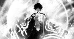  cape dan_kim highres metal_fist metia monochrome navel 