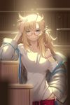  angry blonde_hair box bra_strap breasts brown_hair character_request coat disheveled glasses half_rim_glasses hand_on_hip long_hair lowres messy_hair oversized_clothes panties quartermaster_knight red-framed_glasses semi-rimless_glasses solo sword_girls under-rim_glasses underwear 