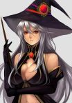  cleavage cleavage_cutout elbow_gloves gloves hat large_breasts long_hair navel original red_eyes sasaki_ryou silver_hair sleeveless solo wand witch_hat 