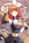  bare_shoulders belt breasts bridal_gauntlets chain chains choker cleavage clock hair_ribbon lowres orange_eyes pocket_watch purse red_hair redhead ribbon shorts skirt solo staff stopwatch striped sword_girls watch weapon 