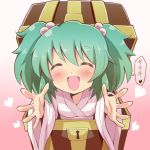  blush box check_translation closed_eyes dress eyes_closed gibuchoko girl_in_a_box green_hair hair_bobbles hair_ornament hands heart in_box in_container japanese_clothes kimono kisume mimic mimic_chest open_mouth outstretched_arms pink_dress short_hair simple_background smile solo touhou translated treasure_chest twintails 