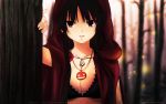  brown_hair cleavage coffee-kizoku halloween long_hair original pumpkin red_eyes tree 