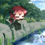  animal_ears blush bow braid cat_ears cat_tail chibi drooling fishing fishing_rod hair_bow holding holding_fishing_rod kaenbyou_rin koha long_hair multiple_tails nature pond red_hair redhead sitting tail touhou tree twin_braids twintails water 