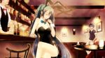  aqua_hair bar bare_legs bartender bowtie bunny_ears bunny_girl bunnysuit crossed_legs detached_collar formal hatsune_miku highres indoors legs_crossed long_hair sitting smile suit twintails very_long_hair vocaloid wrist_cuffs yucca_(hitsujin) 