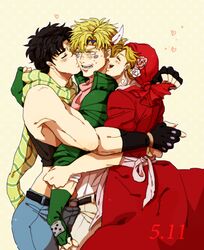  1girl 2boys apron bandana black_hair blonde_hair blush caesar_anthonio_zeppeli dress facial_mark fingerless_gloves gh-ok13 gloves green_eyes green_jacket headband hug jacket jojo_no_kimyou_na_bouken joseph_joestar_(young) midriff multiple_boys scarf suzi_quatro 