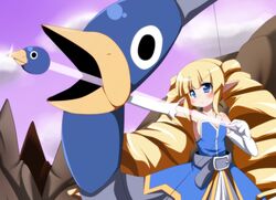  archer_(disgaea) blonde_hair blue_eyes blush bow_(weapon) disgaea dress gloves long_hair prinny twintails weapon 