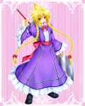  bad_id blonde_hair braid card card_in_mouth cloud_strife crossdressinging dress final_fantasy final_fantasy_vii long_hair male minatosaiga mouth_hold pink_background purple_dress solo sword trap twin_braids weapon 