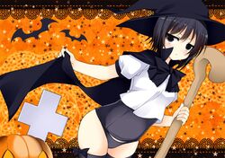  bats black_eyes black_hair boku_wa_tomodachi_ga_sukunai cape cross halloween hat jack-o'-lantern kusano_(torisukerabasu) mikazuki_yozora one-piece_swimsuit pumpkin school_swimsuit short_hair staff swimsuit thighhighs witch witch_hat 