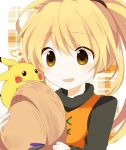  blonde_hair blush chuchu_(pokemon) hat hat_removed headwear_removed heart kohane_(633975) pikachu pokemon pokemon_rgby pokemon_special pokemon_yellow solo yellow_(pokemon) yellow_eyes 