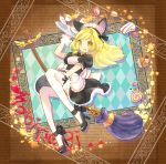  argyle argyle_background blonde_hair broom broom_riding cake cat_ears cup cupcake fang food frame green_eyes high_heels leg_garter legs long_hair looking_at_viewer mabinogi macaron maid mumiri shoes solo teacup tray wrist_cuffs 