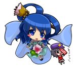  :d atyuto bad_id black_hair blue_eyes blue_hair blush_stickers chibi dress flower hat jiangshi kaku_seiga miyako_yoshika multiple_girls open_mouth outstretched_arms smile star touhou transparent_background zombie_pose |_| 