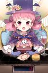  blush cloak conundrum crescent_conundrum cup earrings flat_chest flower frills gloves hair_ribbon hat jewelry lowres markings mole necklace open_mouth pink_eyes pink_hair ribbon rose ruffles solo straw sword_girls top_hat wine_glass 