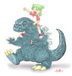  child closed_eyes crossover eyes_closed fist godzilla godzilla_(series) green_hair koiwai_yotsuba open_mouth quad_tails raglan_sleeves raised_fist riding shorts smile tomo5656ky yotsubato! 