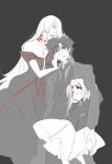  2girls blood dress emiya_kiritsugu family fate/stay_night fate/zero fate_(series) highres illyasviel_von_einzbern irisviel_von_einzbern kinroh multiple_girls simple_background spoilers spot_color 