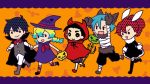  animal_paws bandage bandages black_hair blue_hair bowtie bunny_ears cape chibi costume dress halloween hand_holding hat hisui_(paingumi) holding_hands kamina multicolored_hair nia_teppelin paws pitchfork red_hair redhead rossiu simon tengen_toppa_gurren_lagann two-tone_hair vampire vampire_costume witch_costume witch_hat wolf_ears yoko_littner 