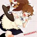  ahoge apron bad_id breasts brown_eyes brown_hair long_hair open_mouth parfait ponytail ribbon satou_(faraway_swimmingpool) skirt smile solo taneshima_popura title_drop tray v waitress wink working!! 