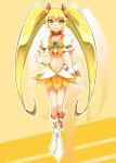  blonde_hair boots cure_sunshine earrings gyuniku hand_on_hip heartcatch_precure! highres hips jewelry long_hair magical_girl midriff myoudouin_itsuki navel precure skirt smile solo twintails yellow yellow_background yellow_eyes 