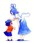  acrylic_paint_(medium) blue_hair child closed_eyes colored_pencil_(medium) dress eyes_closed hair_ornament hair_rings hair_stick hand_on_knee hat highres kaku_seiga leaning_forward miyako_yoshika multiple_girls ofuda outstretched_arms petting shawl shoes short_hair simple_background skirt smile star terajin touhou traditional_media white_background young zombie_pose 