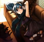  1girl aqua_hair armpits bad_id blue_eyes cat earmuffs from_above garter_straps hand_behind_head hatsune_miku headphones long_hair looking_at_viewer lying minami_haruya on_side scarf smile solo thigh-highs thighhighs twintails vocaloid zettai_ryouiki 