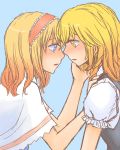  2girls alice_margatroid ascot blonde_hair blue_eyes blush braid capelet couple hairband hand_on_another&#039;s_cheek hand_on_another&#039;s_face kirisame_marisa long_hair multiple_girls nip_to_chip no_hat open_mouth short_hair side_braid touhou yellow_eyes yuri 