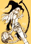  2011 belt blush bracelet from_behind halloween happy_halloween hat jeans jewelry leg_lift long_hair looking_at_viewer looking_back monochrome original scarf signature simple_background sketch sleeves_rolled_up smile solo tatami_to_hinoki vacuum_cleaner witch_hat yellow_background 