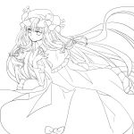  bad_id bow capelet expressionless hair_bow hand_on_own_chest hand_to_chest hat lineart long_hair monochrome oxstar patchouli_knowledge pointy_ears solo touhou 