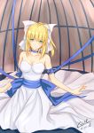  ahoge bare_shoulders blonde_hair cage dress fate/stay_night fate_(series) green_eyes hair_ribbon highres meinly ribbon saber signature solo strapless_dress 