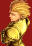  armor blonde_hair dameningen earrings fate/stay_night fate_(series) gilgamesh highres jewelry male red_eyes simple_background solo 