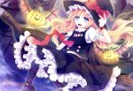  bat_wings blonde_hair blue_eyes braid broom broom_riding clock clock_tower hair_ribbon hat hat_ribbon highres jack-o&#039;-lantern jack-o'-lantern kirisame_marisa leg_ribbon marimo_moka midriff open_mouth pumpkin ribbon shirt sidesaddle skirt smile solo touhou tower wings witch witch_hat wrist_cuffs 