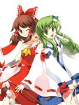  bad_id bare_shoulders blush bow breasts brown_hair detached_sleeves frog gohei green_eyes green_hair hair_bow hair_ornament hair_ribbon hair_tubes hakurei_reimu kochiya_sanae long_hair miko multiple_girls ofuda open_mouth pukozin red_eyes ribbon skirt smile snake touhou 